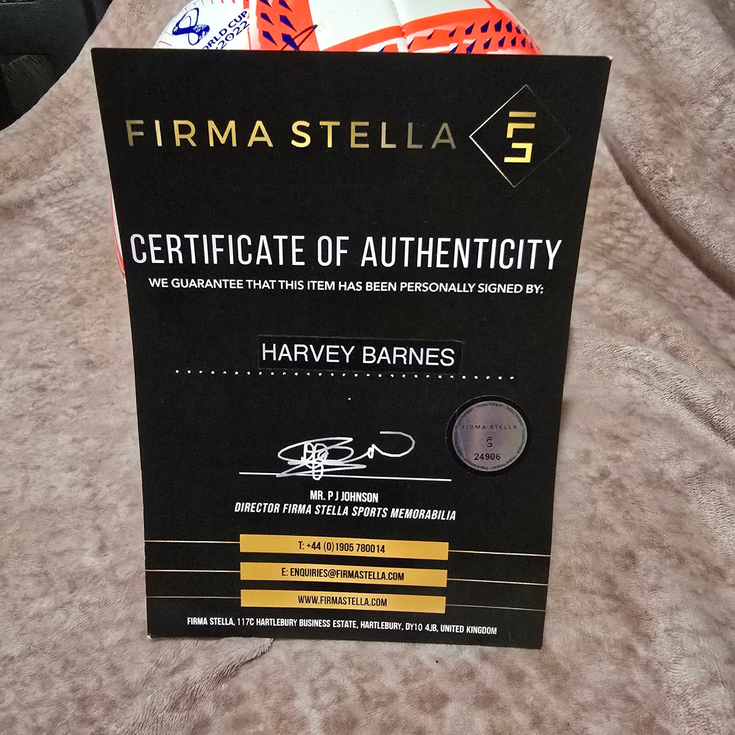 Newcastle United Harvey Barnes signed football with COA