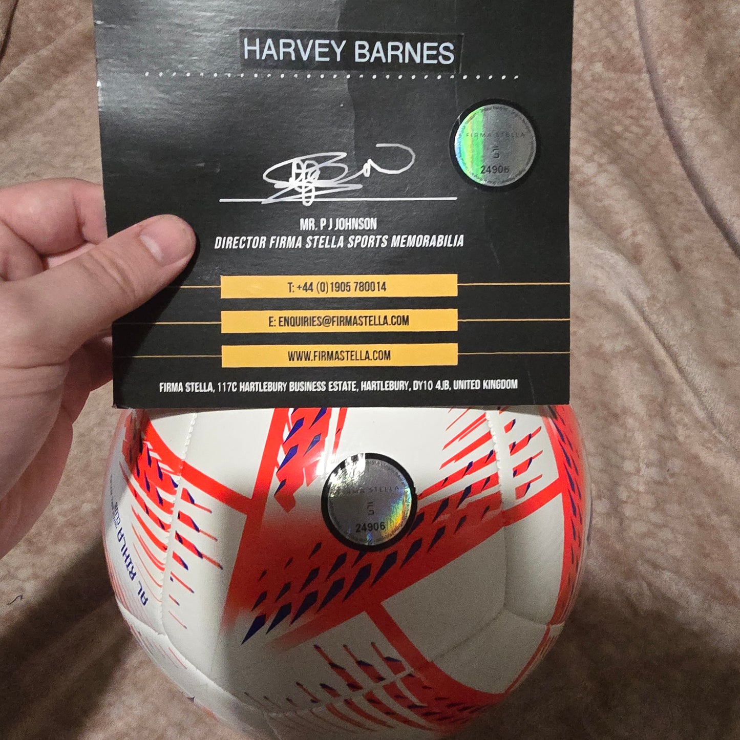 Newcastle United Harvey Barnes signed football with COA