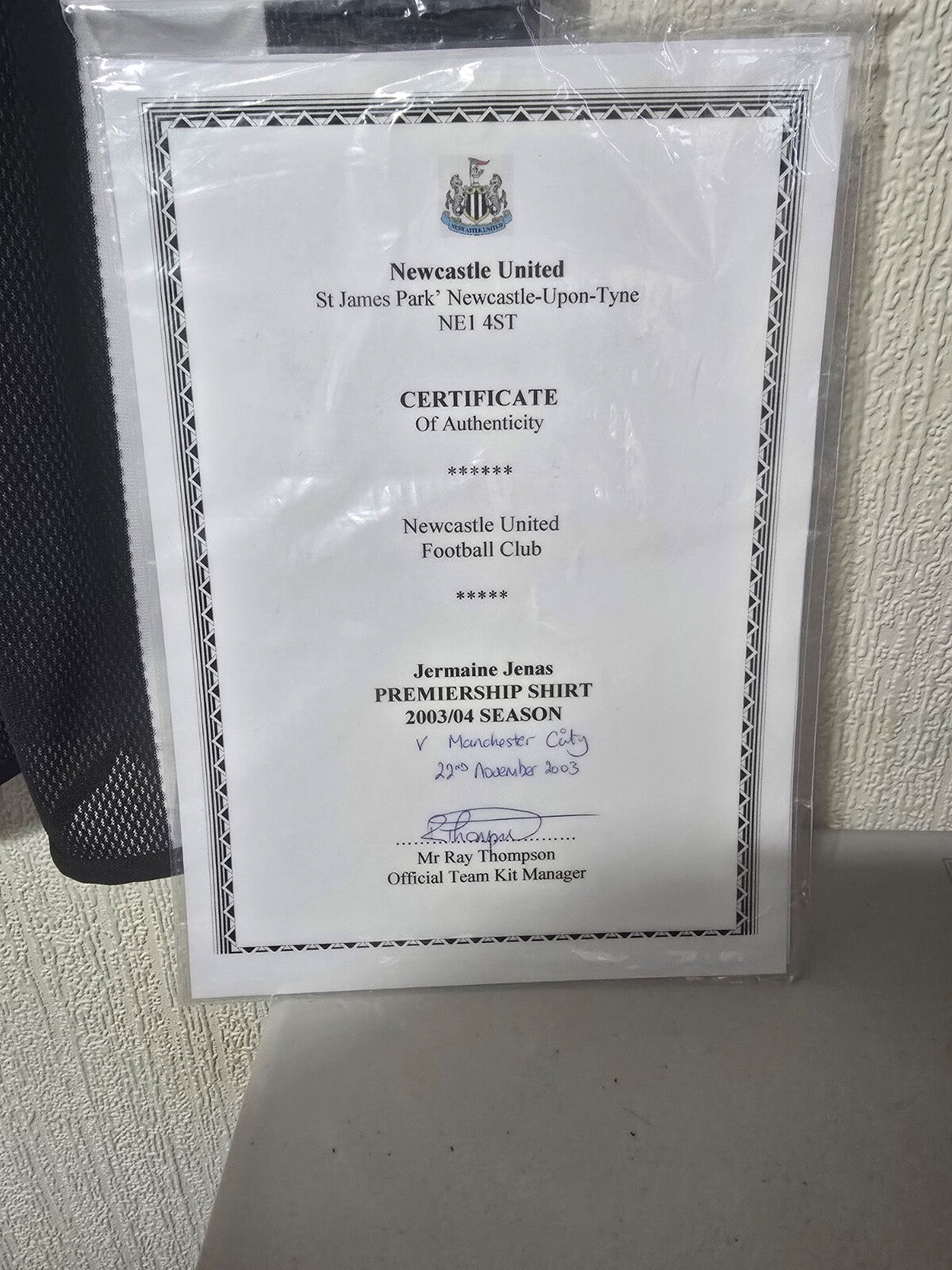 Newcastle United Jermaine Jenas Matchworn home shirt v Man city 2003 with COA